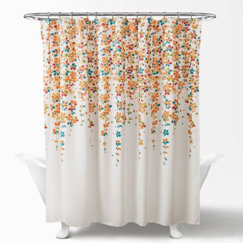 72-inch White Turquoise Blue Orange Floral Flowers Shower Curtain