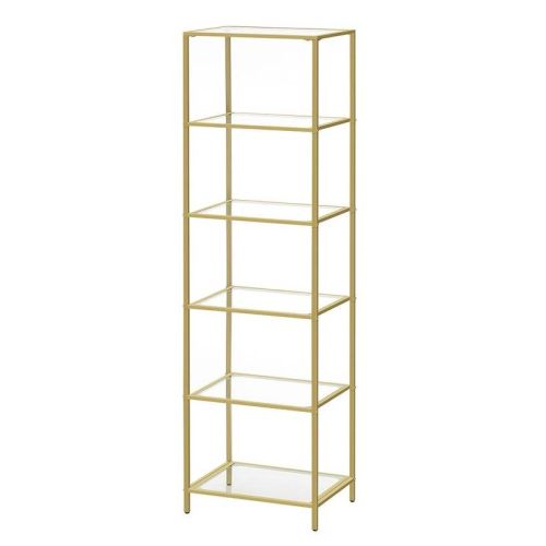 Narrow Glass Shelf Bookcase Bedroom Living Office Bath Storage Unit in Gold