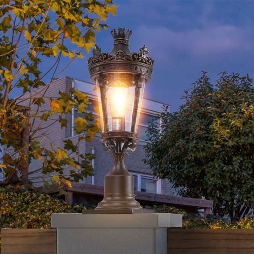 Vintage Crown Outdoor Post Lantern, Waterproof Decorative Table Lamp with Clear Glass Shade and Antique Metal Base for Garden, Patio, Porch Vintage Crown Outdoor Post Lantern, Waterproof Decorative Table Lamp with Clear Glass Shade and Antique Metal Base for Garden, Patio, Porch