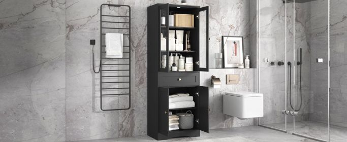 bathTall Bathroom Storage Cabinet, Cabinet with Four Doors and Drawers, Adjustable Shelf, MDF Board, Black