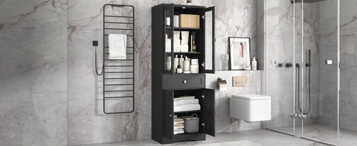 bathTall Bathroom Storage Cabinet, Cabinet with Four Doors and Drawers, Adjustable Shelf, MDF Board, Black bathTall Bathroom Storage Cabinet, Cabinet with Four Doors and Drawers, Adjustable Shelf, MDF Board, Black