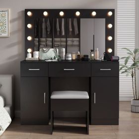 Vanity Desk Set with Large Lighted Mirror and Powre Outlet, Glass Top Makeup Vanity with 3 Drawers and 2 Cabinets, Vanity Table with 12 LED Lights