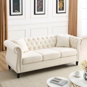 [Video] 80" Chesterfield Sofa Beige Velvet for Living Room, 3 Seater Sofa Tufted Couch with Rolled Arms and Nailhead for Living Room, Bedroom, Office