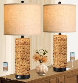 Table Lamps for Bedroom 3 Way Dimmable Modern Farmhouse Nightstand Lamps for Living Room Coastal Sea Grass Bedside Lamps with 2 USB Ports and 1 AC Out