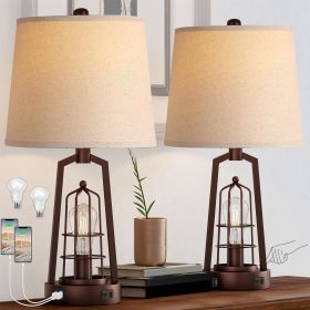 Farmhouse Table Lamp Set of 2, 3-Way Dimmable Touch Control Lamp for Nightstand, Beside Lamps with AC&USB Outlet