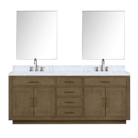 Grey Oak Double Bath Vanity 84 in. W x 22 in. D, Carrara Marble Top, Faucet Set, and 36 in. Mirrors