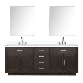 Brown Oak Double Bath Vanity 84 in. W x 22 in. D, White Quartz Top, Faucet Set, and 36 in. Mirrors