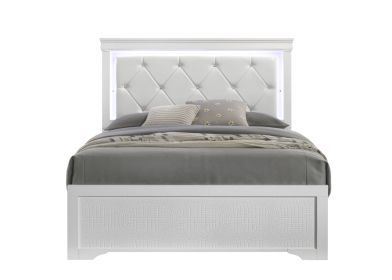 Blaze Upholstered Modern Style Queen Bed Made with LED Headboard & Wood in White