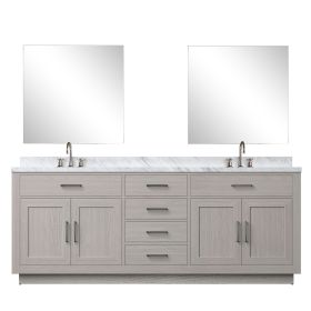 White Oak Double Bath Vanity 84 in. W x 22 in. D, Carrara Marble Countertop, 34 in. Mirrors and Faucet Set