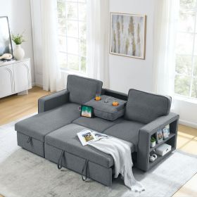 Linen Upholstered Sleeper Sectional Sofa, Shaped Modular Convertible Sofa with Storage Chaise