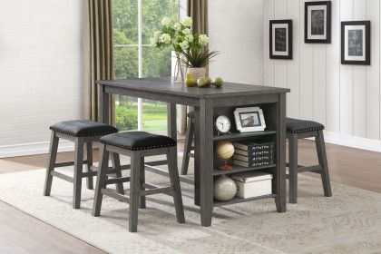 Gray Finish 5pc Counter Height Set Multifunctional Counter Height Table with 4 Stools Black Faux Leather Upholstery Nailhead Trim Dining Room Furnitur