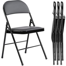 Folding Chair 4 Pack, Leather Padded Folding Chairs, Sturdy Metal Foldable Chairs, for Home, Office, Party, black 4 Pack (Color: as Pic)