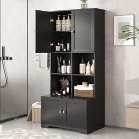Tall and Wide Bathroom Floor Storage Cabinet, Bathroom Storage Unit, Freestanding Cabinet with 4 Doors, Adjustable Shelves, Open multi-layer Shelves (Material: MDF, Color: Black)