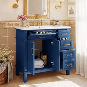 36-inch Bathroom Vanity with Resin Sink, Modern Bathroom Cabinet, Featuring Two Soft Close Doors and Four Drawers (Material: Solid Wood+MDF+Resin, Color: Blue)