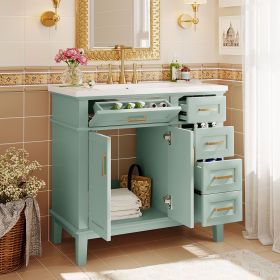 36-inch Bathroom Vanity with Resin Sink, Modern Bathroom Cabinet, Featuring Two Soft Close Doors and Four Drawers (Material: Solid Wood+MDF+Resin, Color: Green)