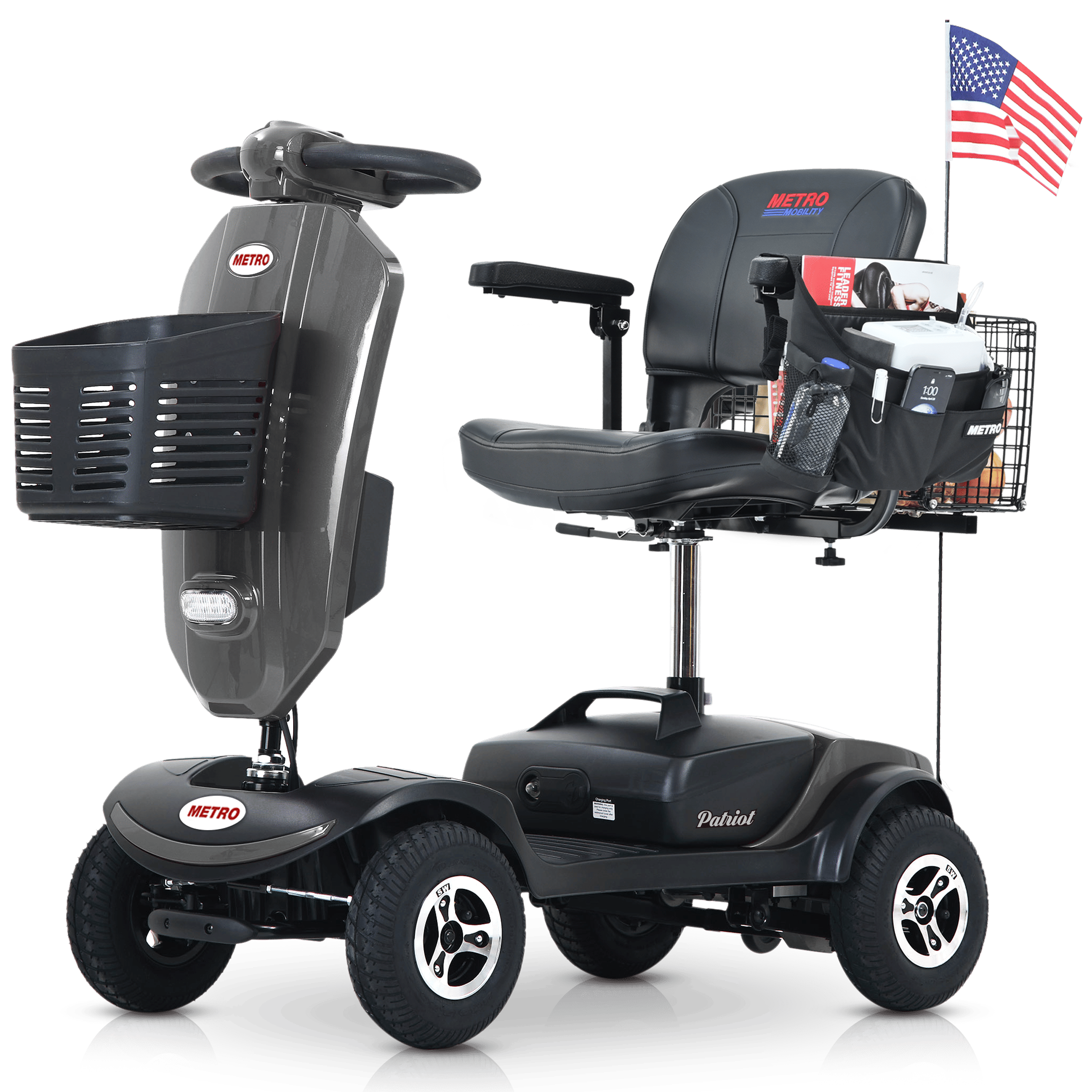 Outdoor compact mobility scooter with windshield ,300W Motor, Travel - Long Range Power Extended Battery with Cup holders & USB charger port, GREY (Color: as Pic)