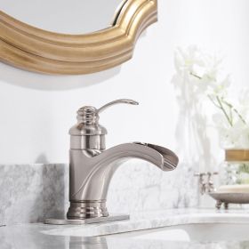 Waterfall Single Hole Single-Handle Vessel Bathroom Faucet With Pop-up Drain Assembly in Brushed Nickel (Color: Brushed Nickel)